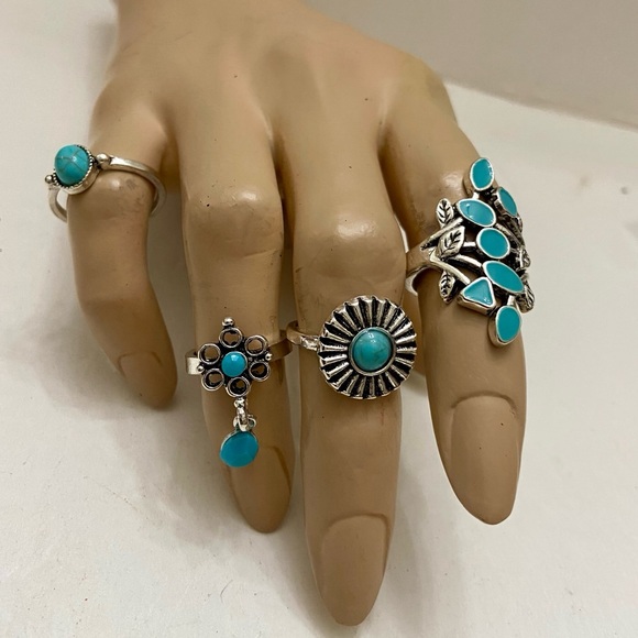 Vintage 4pc Silver Tone- Faux Turquoise Rings (A) - Picture 5 of 11
